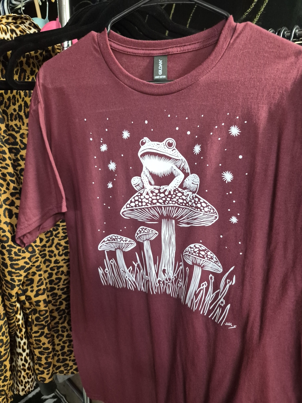 Women's Gildan Maroon Short-Sleeve Tee with White Frog on Mushroom Graphic